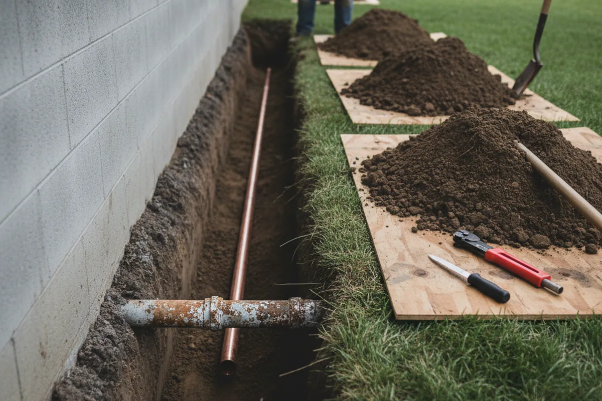 Excavated water line trench during Sewer Line Repair in West Chesterfield